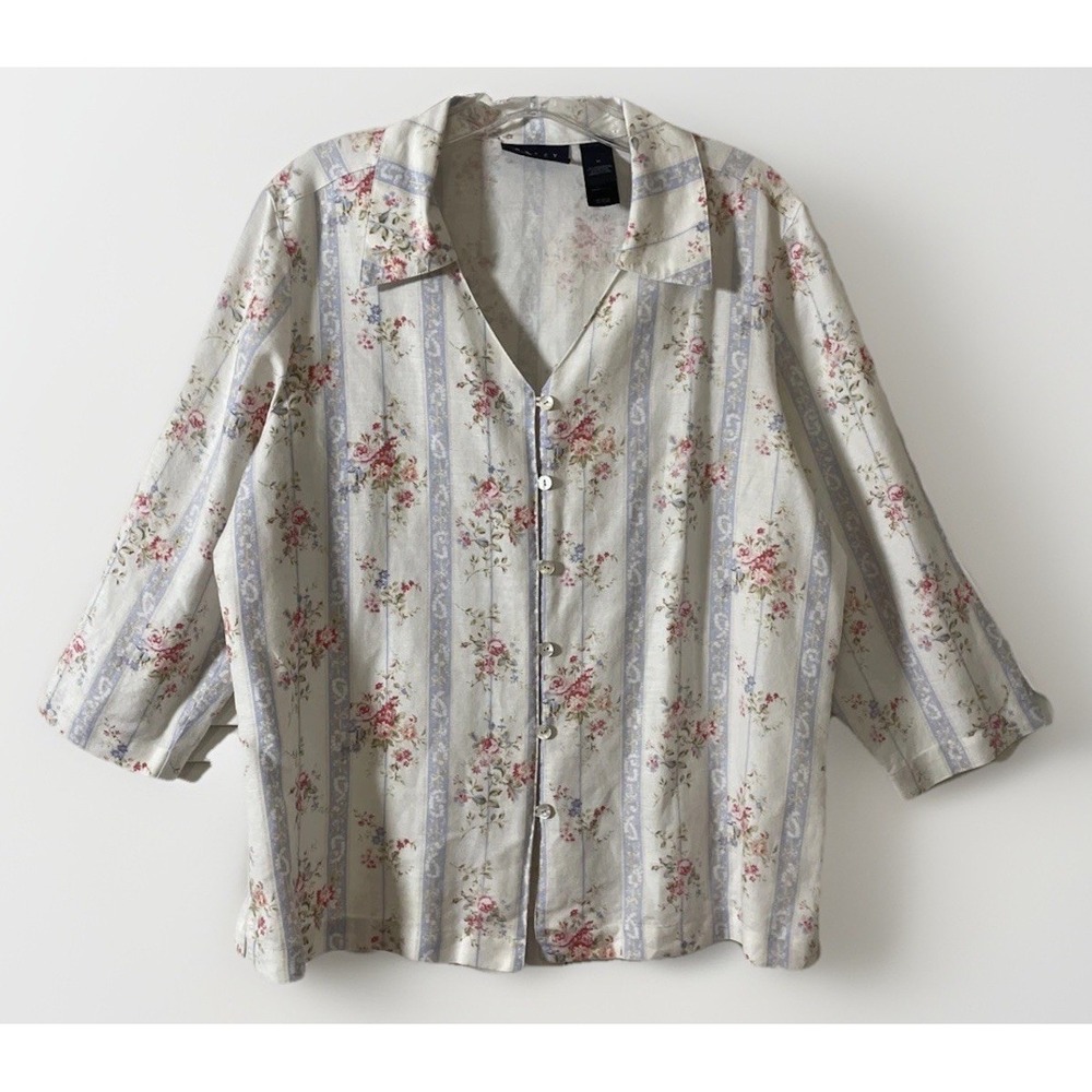 Crazy Horse Liz Claiborne Linen Blend Floral Button Down Blouse Women's Medium